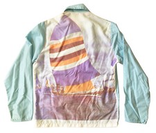Womens' Vintage Nylon Windbreaker Jacket Aqua Sailboat Photoprint Back Zip-Up M