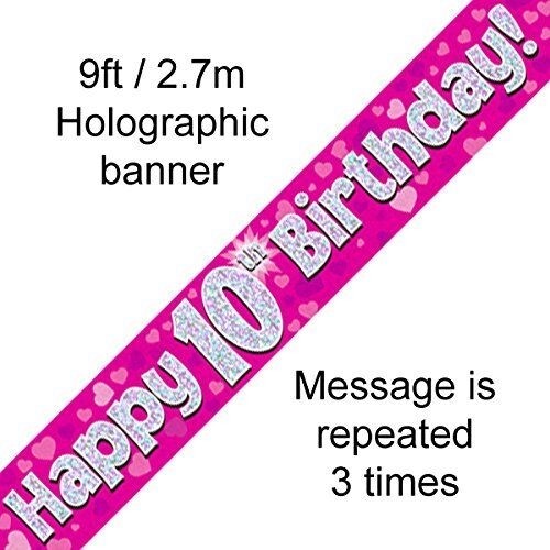 Happy 10th Birthday Party Decor Holographic Foil Celebration Banner - 10 Pink