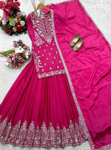 Latest New Pure Chinnon Silk Pink Top And Lehenga With Dupatta For Wedding Wear - Picture 9 of 13