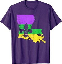 Louisiana Map With Mardi Gras Colors And Fleur Gift Unisex T-Shirt