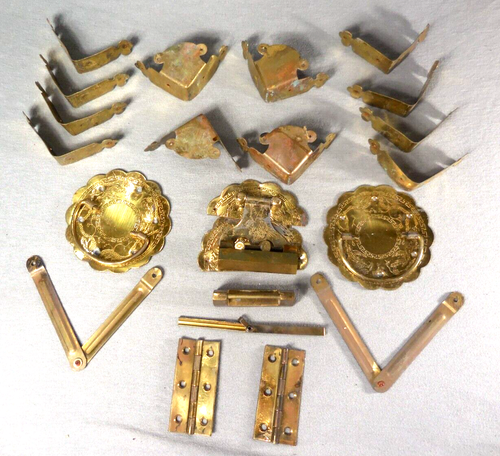 Chinese Wicker Chest Brass Hardware 2 Slide Locks Engraved Parts. Hinges Braces