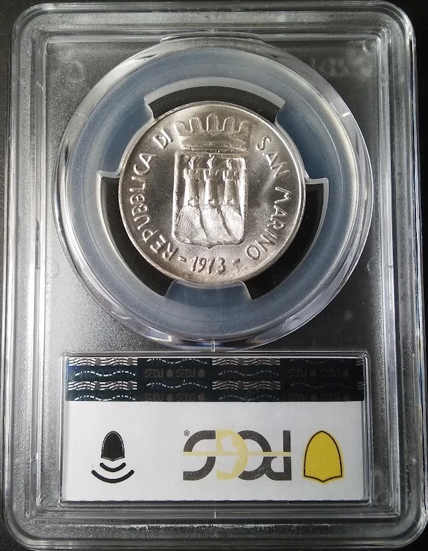 :1973 500 LIRE SAN MARINO PCGS MS66 CHILD HOLDING DOVE RARITY R8 HIGHEST-GRADES - Image 2 of 2