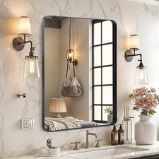 Bathroom Wall Mirror with Metal Frame Rounded Corners Hanging Vanity Mirror