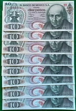 1969 - 1977 Lot 10 Pesos Mexico Banknote Mexican Billete Year BdM Hidalgo MX