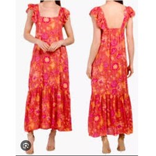 House of Harlow 1960 Maxi Dress Pink Orange Floral Ruffle Sleeve M Bohemian