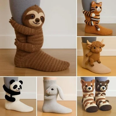 Cute 3D Animal Hug Socks Sloth Koala Bunny Cow Tiger Cat Warm Fluffy Winter Gift