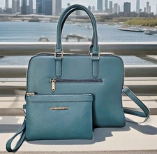 Dasein Handbag Top Handle Satchel Shoulder Bag Purse with Matching Wristlet Teal