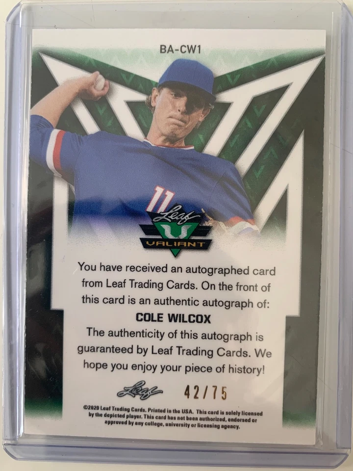 2020 Leaf Valiant auto COLE WILCOX #ed 42/75! Tampa Bay Rays - Image 2 of 2