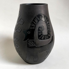 Vintage Black Clay Studio Pottery Tribal Romania Animal 18.5cm Vase signed VGC