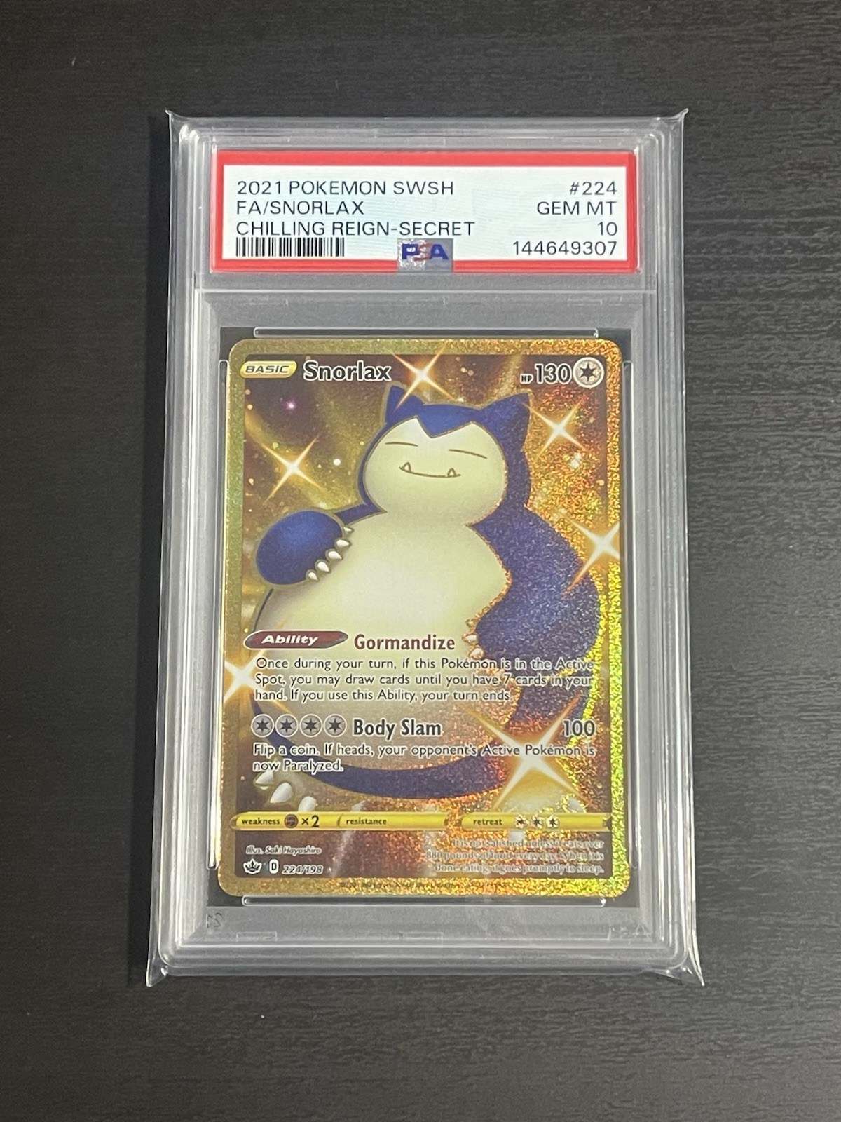 2021 Pokemon Snorlax Full Art Gold Card 224/198 Chilling Reign PSA 10