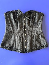 Black Floral Brocade Adjustable Corset w Ruffle Trim  Front Closure Sz XS S