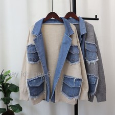 Women's Denim Patchwork Sweater Coat Loose Jacket Casual Knitwear Cardigan