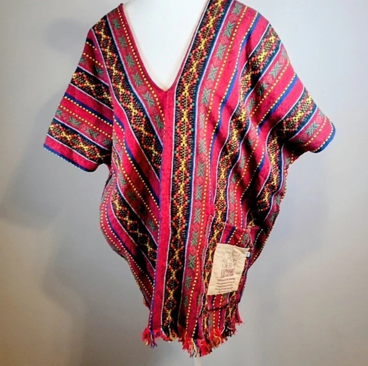 Elephant Jungle Sanctuary Thailand Multicolored Cotton Poncho in Red Multicolor