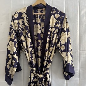 Adonna Woman 1X Blue Tan Floral Satin Belted Robe Kimono Loungewear Sexy Classy