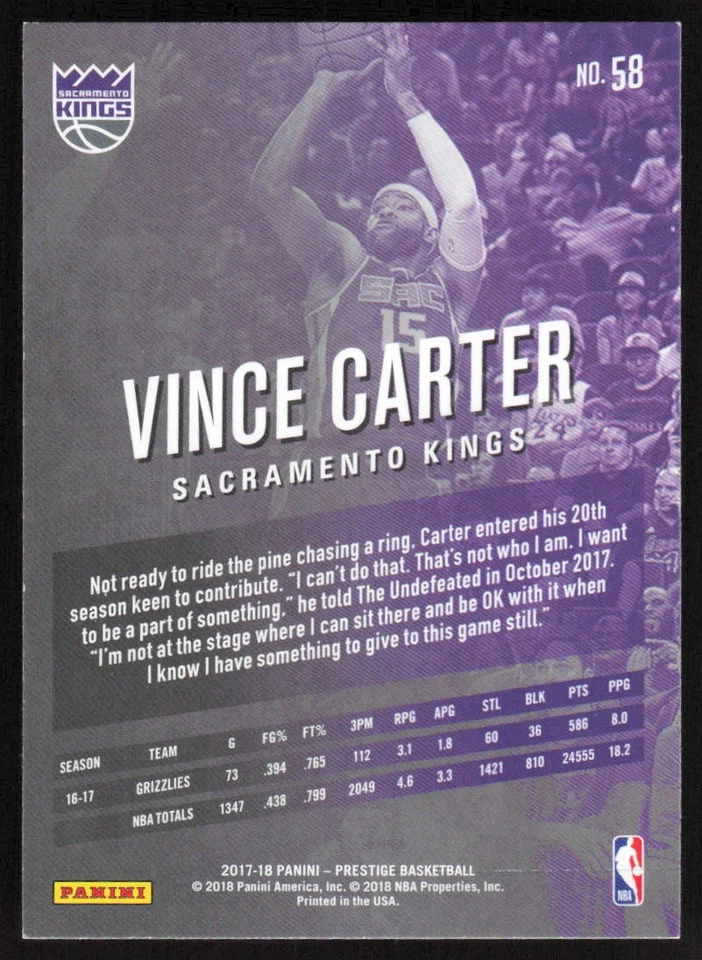 2017-18 Panini Prestige Vince Carter #58 Sacramento Kings - Image 2 of 2