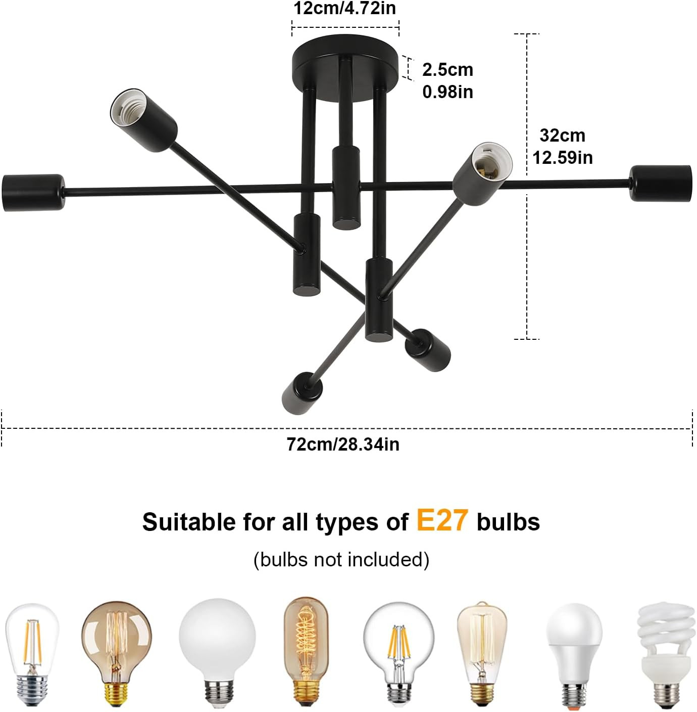Plafoniera Sputnik Nera a 6 Luci - Lampada Soffitto Industriale Chic - 4