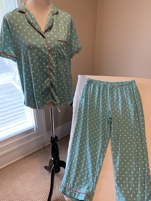 Joy spun pajamas set large l poly blend knit blue white dots buttons pockets