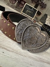 Western Brown Leather Belt with Heart Buckle and Brass Studs Woman  s