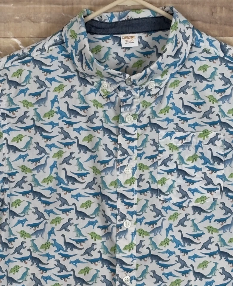 Camisa blanca con botones Gymboree Boys XL/14 bolsillo estampado de dinosaurios 100 % algodón Foto 2 de 4