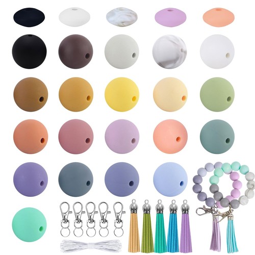 220 PCS 15MM Silicone Beads for Keychain Making Kit, Multiple Styles and Shap...
