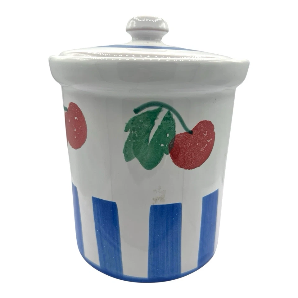 "De colección PIER 1 tarro de caramelos bote con tapa 5"" cerezas de cerámica a rayas raro" Foto 3 de 4