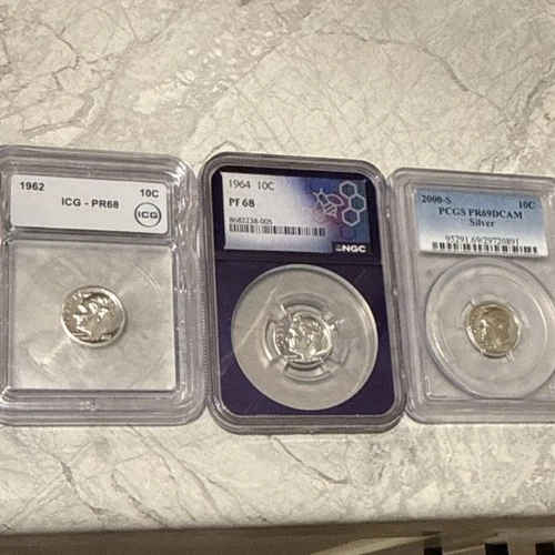 ICG, NGC, PCGS Proof Roosevelt Dimes Lot 1962, 1964, 2000-S Silver San Francisco
