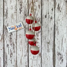 5 Wood Bobbers On Jute Rope, Distressed Red & White Fish Net Floats, Decor