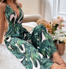 Tropical Print Halter Neck Backless Wide Leg Jumpsuit