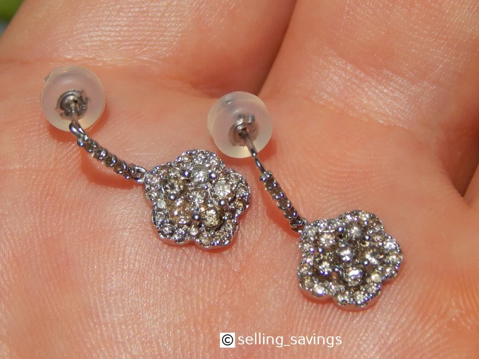 PENDIENTES FLORALES COLGANTES ORO BLANCO 18K 1,00 tcw DIAMANTE 7/10 PULGADAS Foto 4 de 4