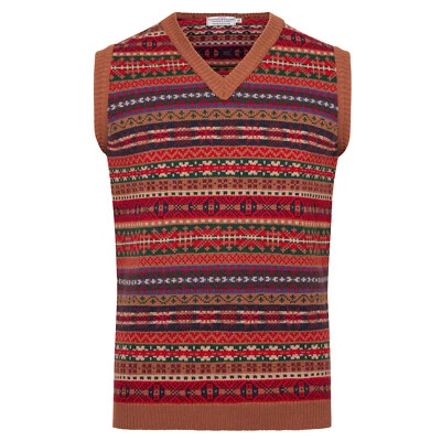 London Knitwear Gallery Herren Fair Isle Strick Jumper Weste Bronze V-Ausschnitt - Bild 1 von 2