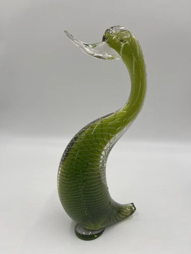 VTG MURANO HEAVY BULLICANTE ART GLASS- GREEN SWAN -  DUCK BIRD