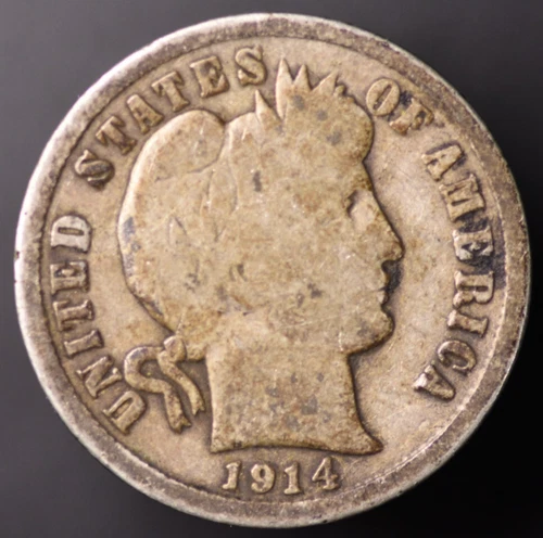 1914-D Barber Dime VG 90% Silver TONED (#6351)