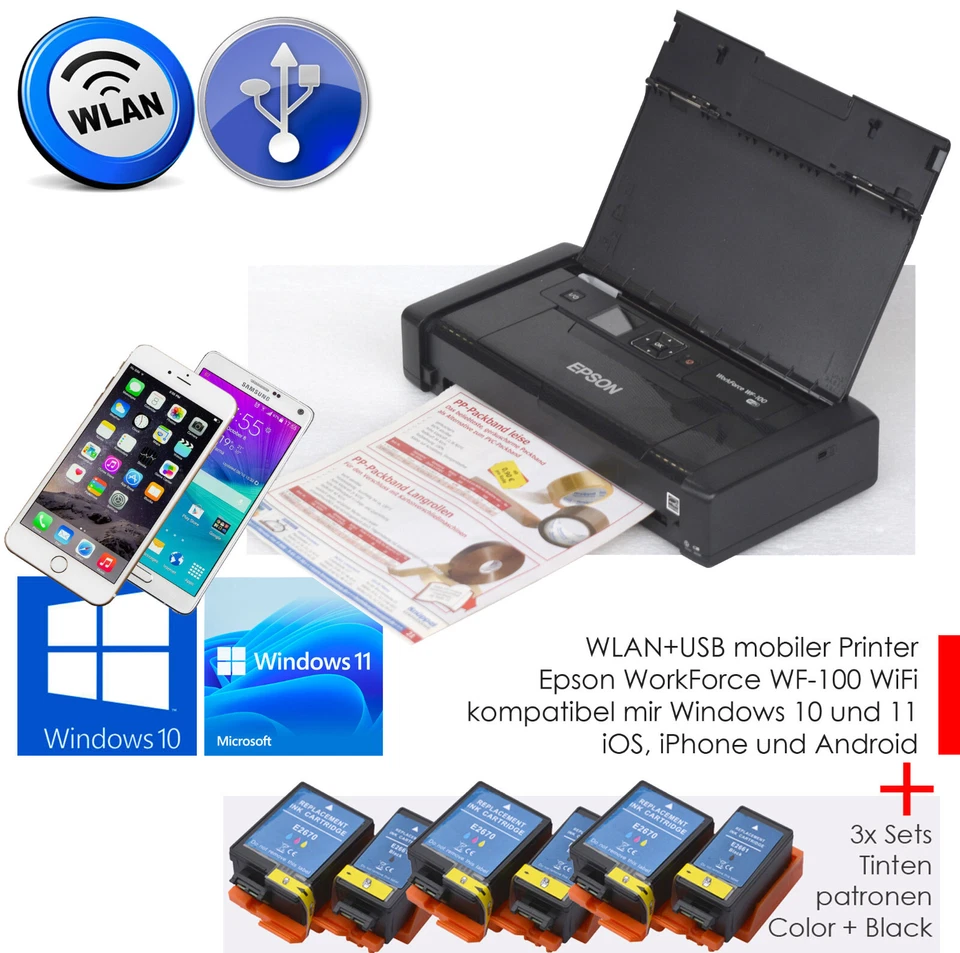 EPSON WF-100 WIFI USB MOBILER DRUCKER WIN 10 11 ANDROID IPHONE + 3x SET INK PATR