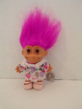 Russ Troll Doll 4" Vintage Birthday Floral Dress Shoes Pink Hair Brown Eyes