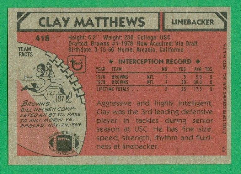 1980 TOPPS 418 CLAY MATTHEWS ROOKIE CARD CLEVELAND BROWNS NM MT EBay 1980-topps-418-clay-matthews-rookie-card-cleveland-browns-nm-mt-ebay