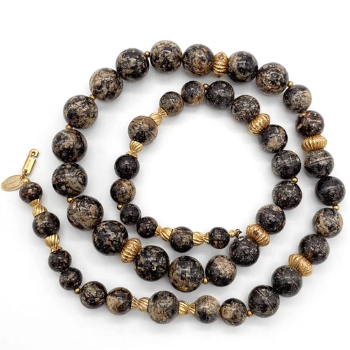 Vintage Miriam Haskell Brown Marbled & Gold Tone Graduated Bead 30" Necklace