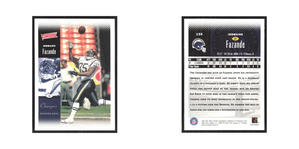2000 Upper Deck Victory Jermaine Fazande San Diego Chargers #155 - Image 3 of 3