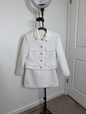 White Tweed Jacket Skirt Suit Set Satin Collar Women s