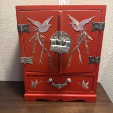 Vtg  Chinese Wood Red Lacquer Mother of Pearl...