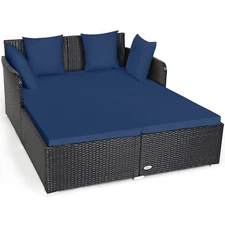 Patiojoy Outdoor Patio Rattan Daybed Pillows Cushioned Sofa Furniture Navy