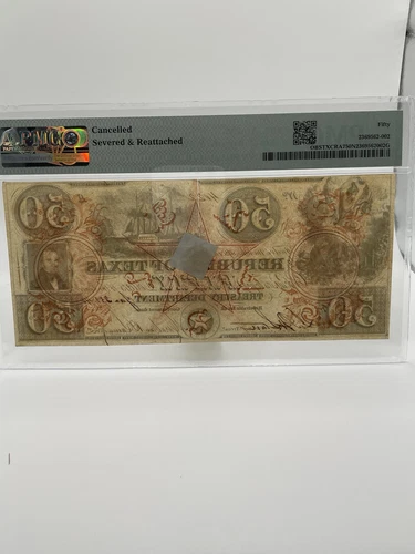 1839 $50 The Republic Of Texas Treasury Note (PMG 50) - Picture 4 of 6
