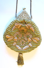 Victorian Edwardian Art Deco Purse Green w/ Green/Gold Beads--NEW-Free Shipping