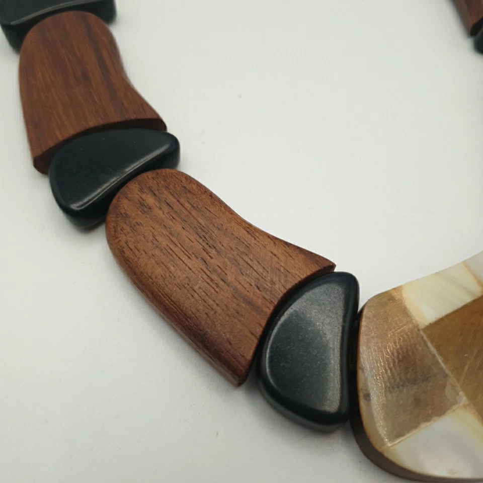 Vintage Teak Wood & Mother of Pearl Chunky Statement Collar Necklace 20" Long - Image 2 of 4