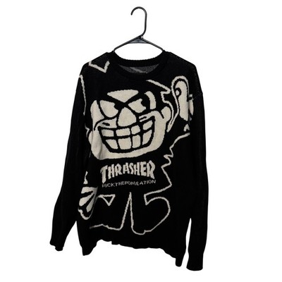 FTP Thrasher Boris Knit Sweater Mens Large Black White Skate Crewneck Pullover