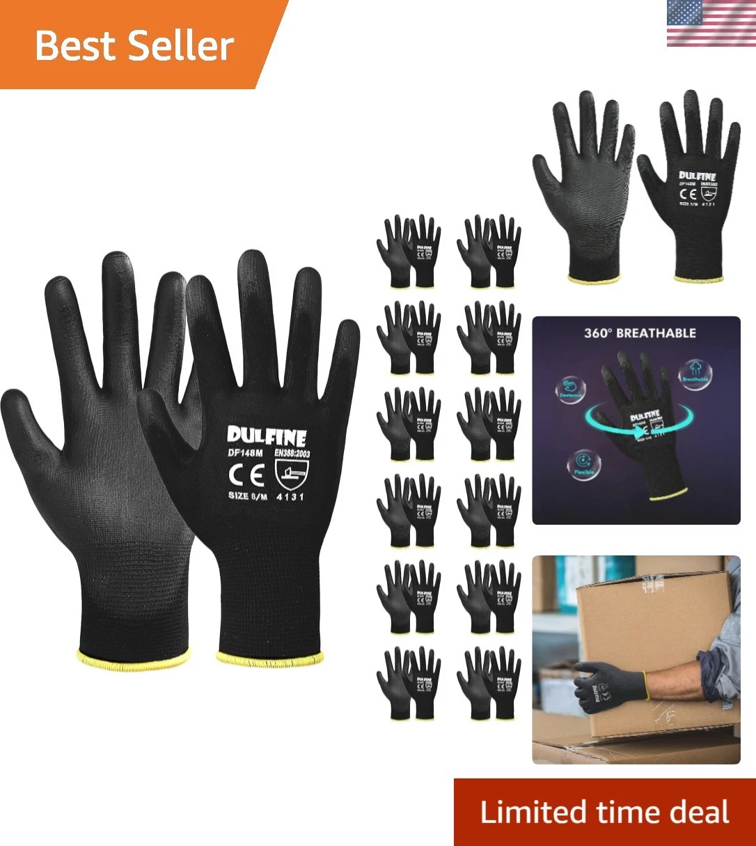 Ultra-Thin PU Coated Work Gloves - Large - Black - Lightweight
