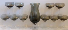 Sasaki Coronation Smoky Topaz  Applied Clear Base Martini Pitcher & 10 Glasses