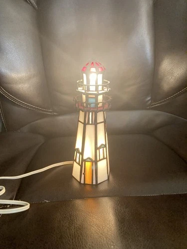 Vintage Stained Glass Lighthouse Lamp with cord Tiffany Style*Working* 7" tall