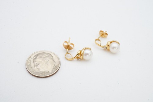 10k Yellow Gold Pearl Diamond Earrings 6.25mm - Picture 6 of 10