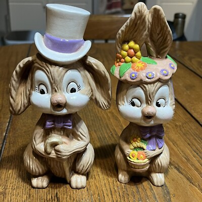 Ceramic Hobbyist VTG Hand Painted Boy Girl Easter Bunny Rabbits Tulips 10'' Tall