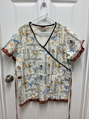 Denice Mermaid And Sea life Ruffle Hem Scrub Top - Medium